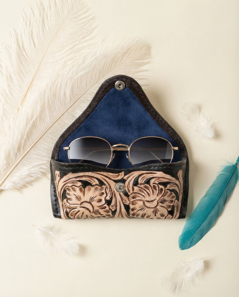 Boho cowgirl leather sunglasses case in black with turquoise accent by Ya Qalbi