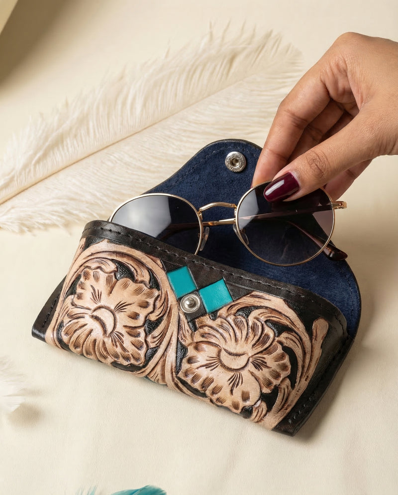 Black hand-tooled leather glasses pouch artisan detail by Ya Qalbi