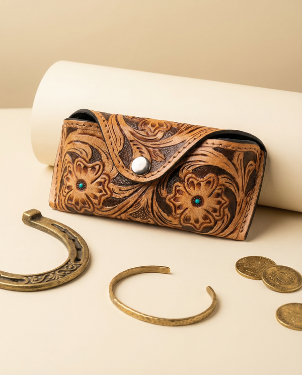 Tan brown hand-tooled leather sunglasses case with turquoise stone accent by Ya Qalbi