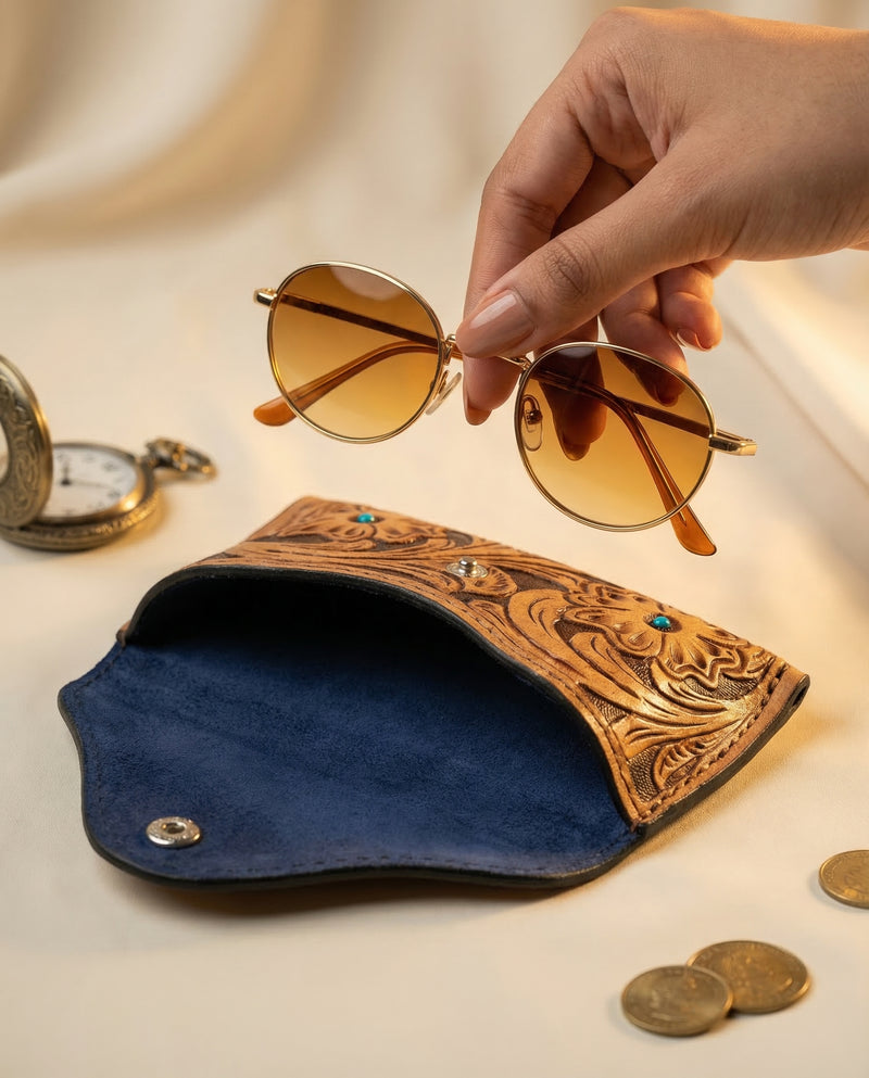 Boho artisan tan leather sunglasses case by Ya Qalbi