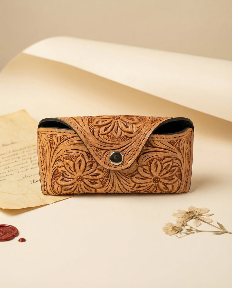 Vintage Western leather glasses case in camel tan by Ya Qalbi