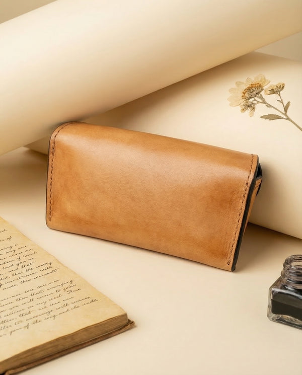 Camel Tan Hand Tooled Leather Sunglasses Case | Dense Floral Carved Eyeglass Holder | Silver Snap | Full Grain Leather Gift | Boho Vintage Artisan Accessory