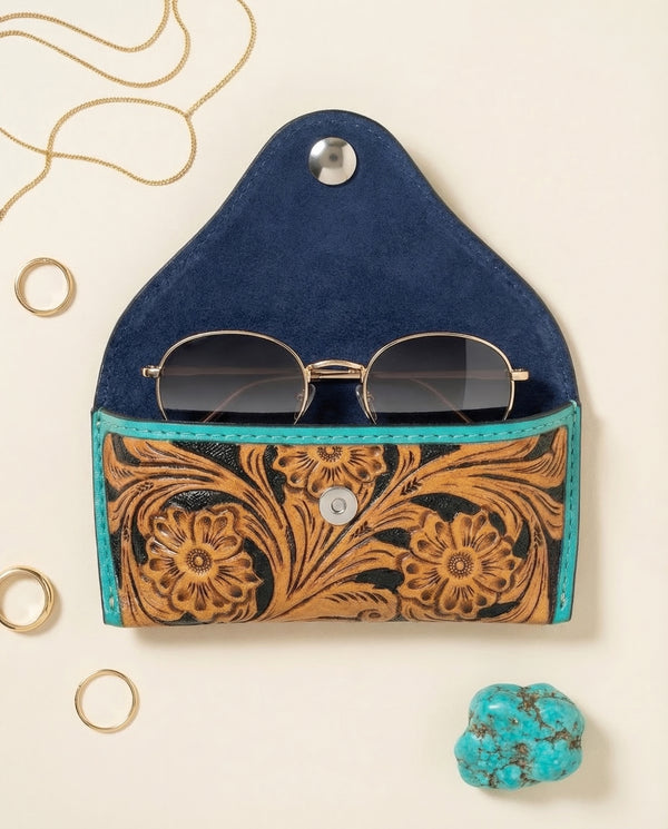 Full-grain two-tone leather eyeglass holder with Western floral carving by Ya Qalbi