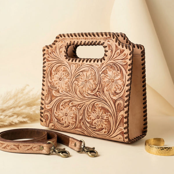 Hand Tooled Leather Handbag | Whipstitch Edge Western Floral Carved Tote | Convertible Crossbody Strap.