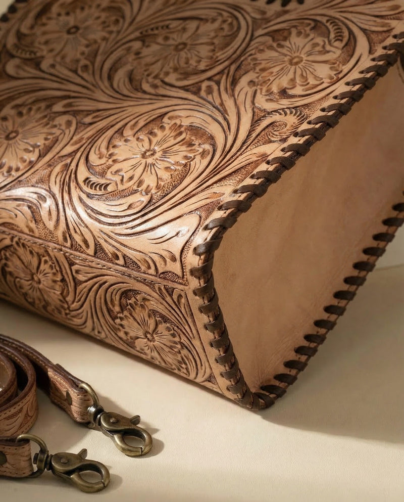 Hand-tooled leather handbag back view by Ya Qalbi