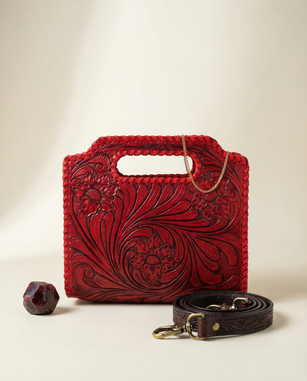 Full-grain red leather top-handle clutch tote by Ya Qalbi