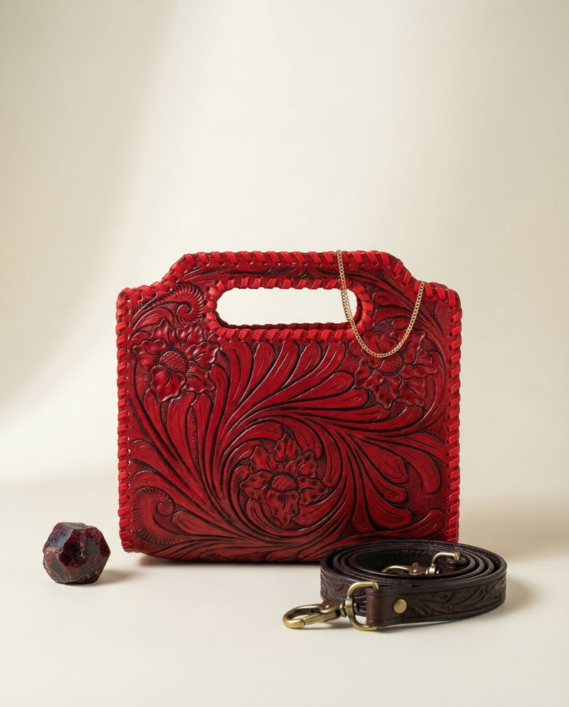 Full-grain red leather top-handle clutch tote by Ya Qalbi