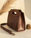 Brown Hand Tooled Leather Handbag | Whipstitch Western Medallion Floral Carved Tote | Top Handle Clutch.