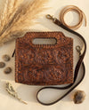 Brown Hand Tooled Leather Handbag | Whipstitch Western Medallion Floral Carved Tote | Top Handle Clutch.
