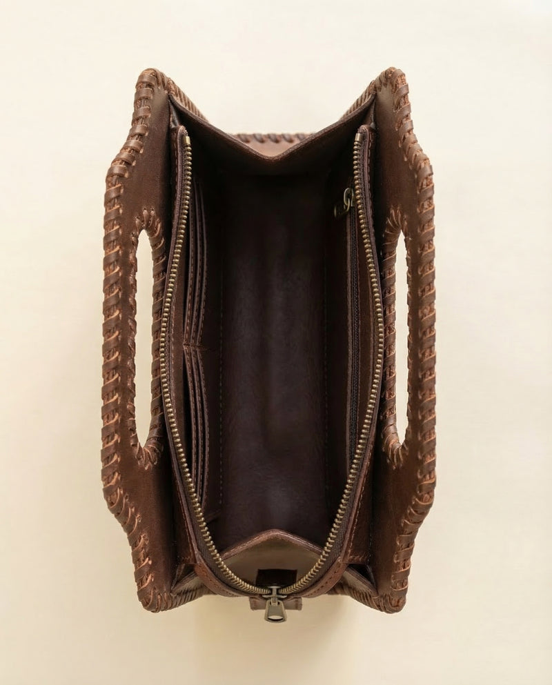 Cognac leather Western handbag for women top view by Ya Qalbi