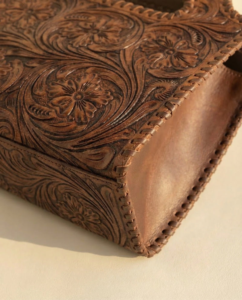 Brown hand-carved leather purse premium full-grain detail by Ya Qalbi