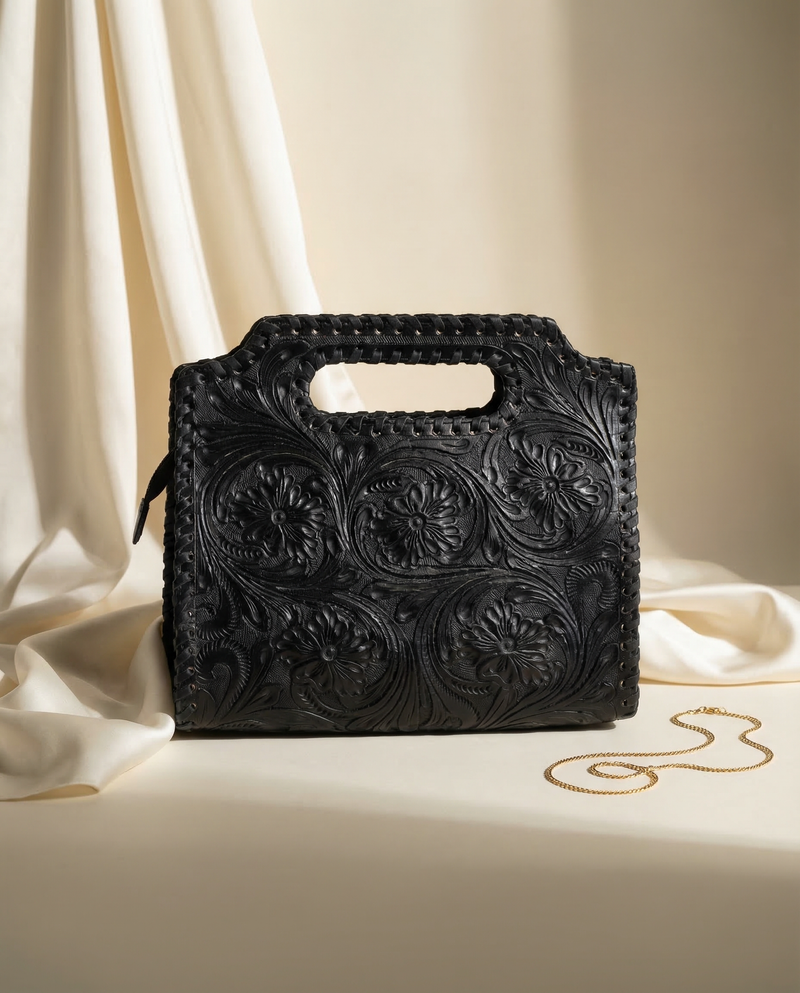 Black hand-tooled leather handbag with whipstitch Western floral carving by Ya Qalbi
