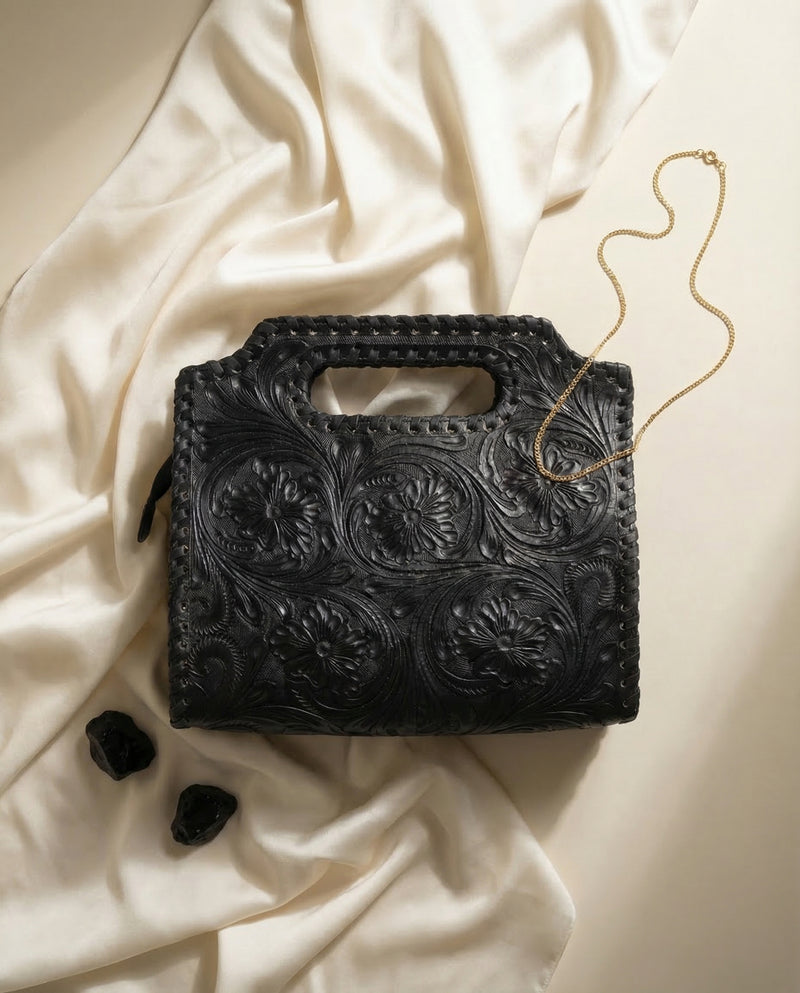 Western black handbag for women with hand-carved floral detail by Ya Qalbi