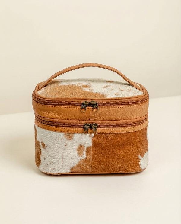 Hair-on leather makeup bag cowhide vanity case by Ya Qalbi
