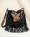 Black Suede Hand-Tooled Eagle Crossbody – Knotted Leather Fringe