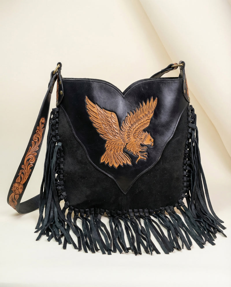 Black Suede Hand-Tooled Eagle Crossbody – Knotted Leather Fringe