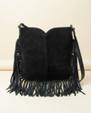 Black Suede Hand-Tooled Eagle Crossbody – Knotted Leather Fringe