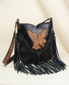 Black Suede Hand-Tooled Eagle Crossbody – Knotted Leather Fringe