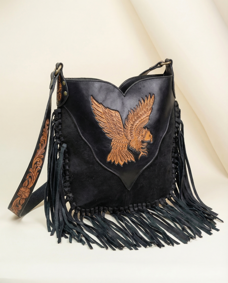 Black Suede Hand-Tooled Eagle Crossbody – Knotted Leather Fringe