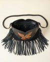Black Suede Hand-Tooled Eagle Crossbody – Knotted Leather Fringe