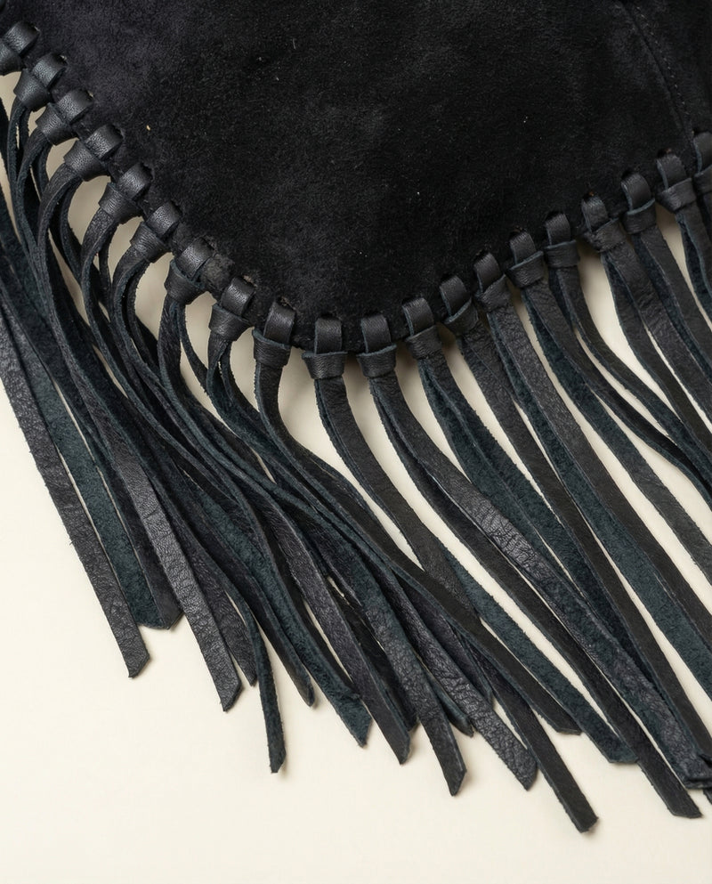 Black Suede Hand-Tooled Eagle Crossbody – Knotted Leather Fringe