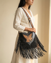 Black Suede Hand-Tooled Eagle Crossbody – Knotted Leather Fringe