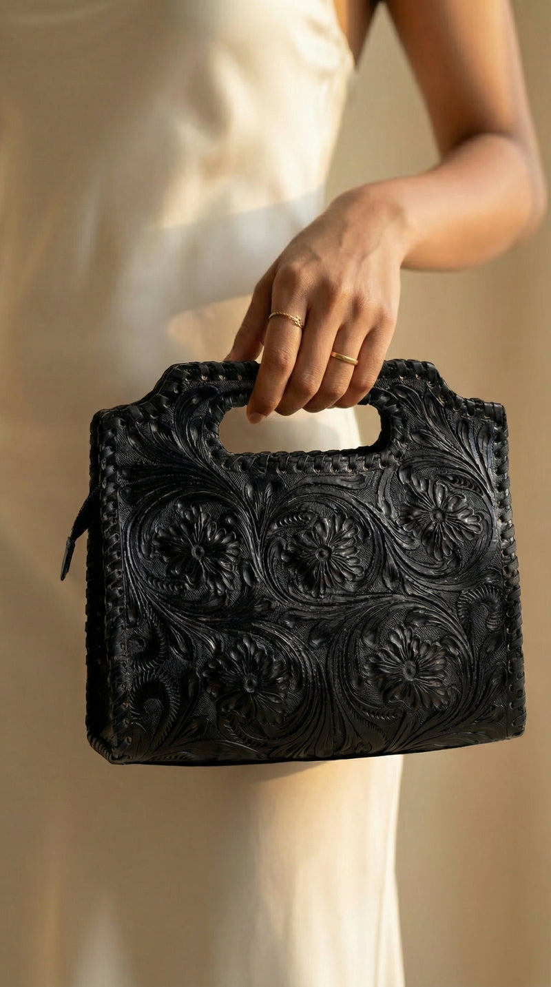 Hand Tooled Leather Handbag | Floral Carved Tote