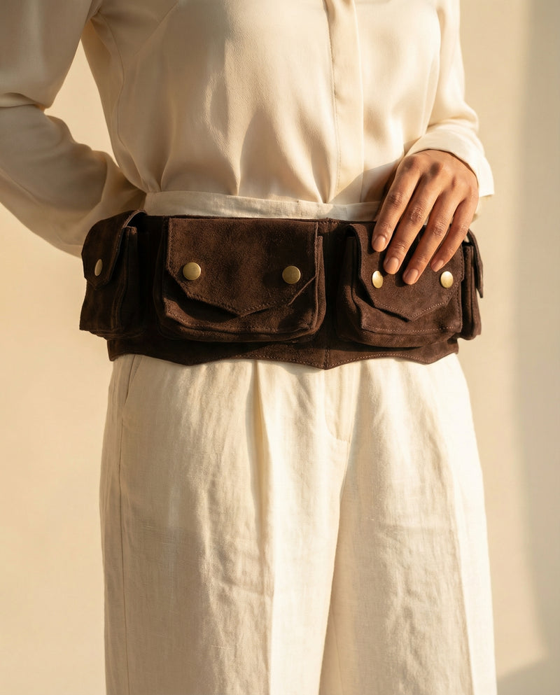 Suede-lined brown leather travel belt by Ya Qalbi