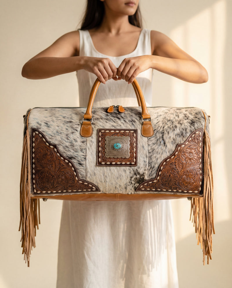 Statement Western leather weekender closeup by Ya Qalbi