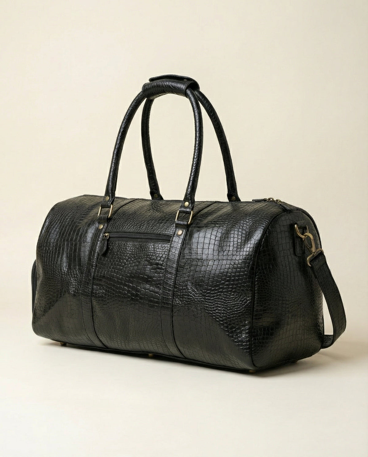 Croc texture leather weekender, black, front