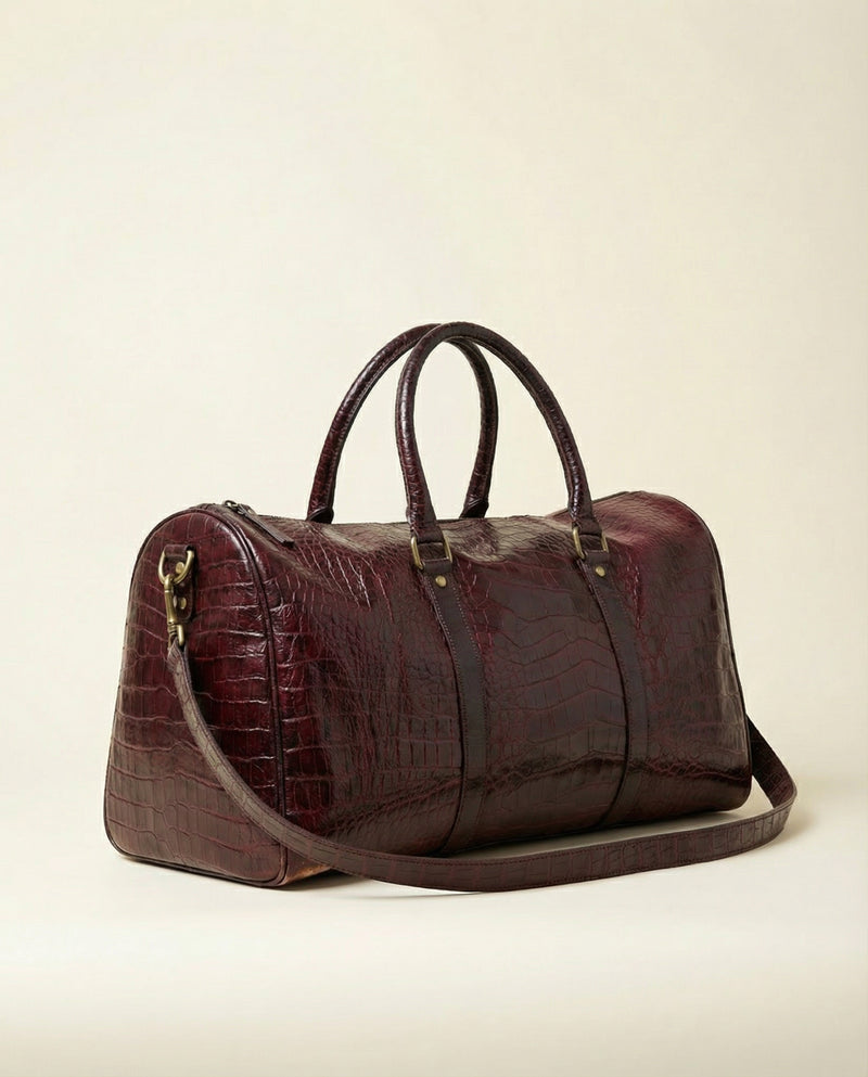 Premium maroon leather travel bag side view by Ya Qalbi