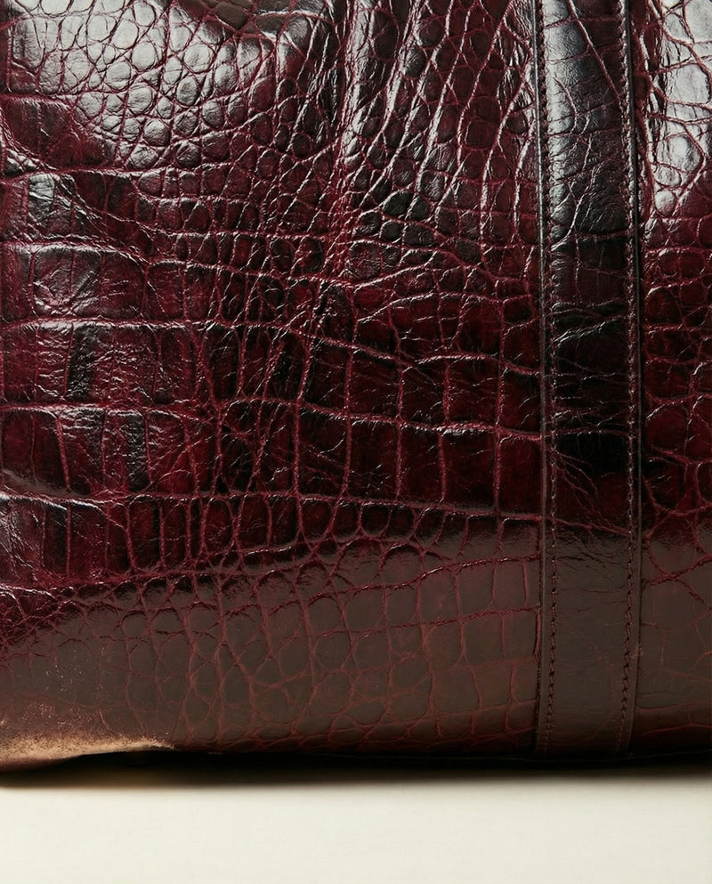 Maroon croc leather duffle bag interior by Ya Qalbi