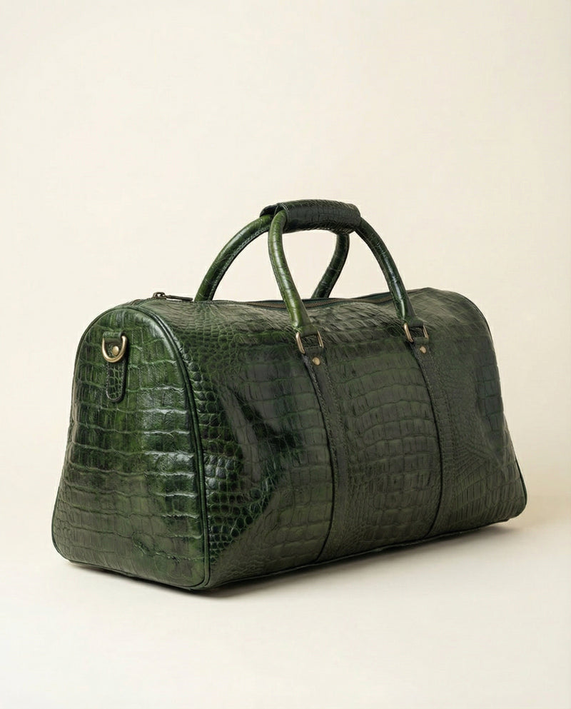 Designer green leather weekender bag side view by Ya Qalbi
