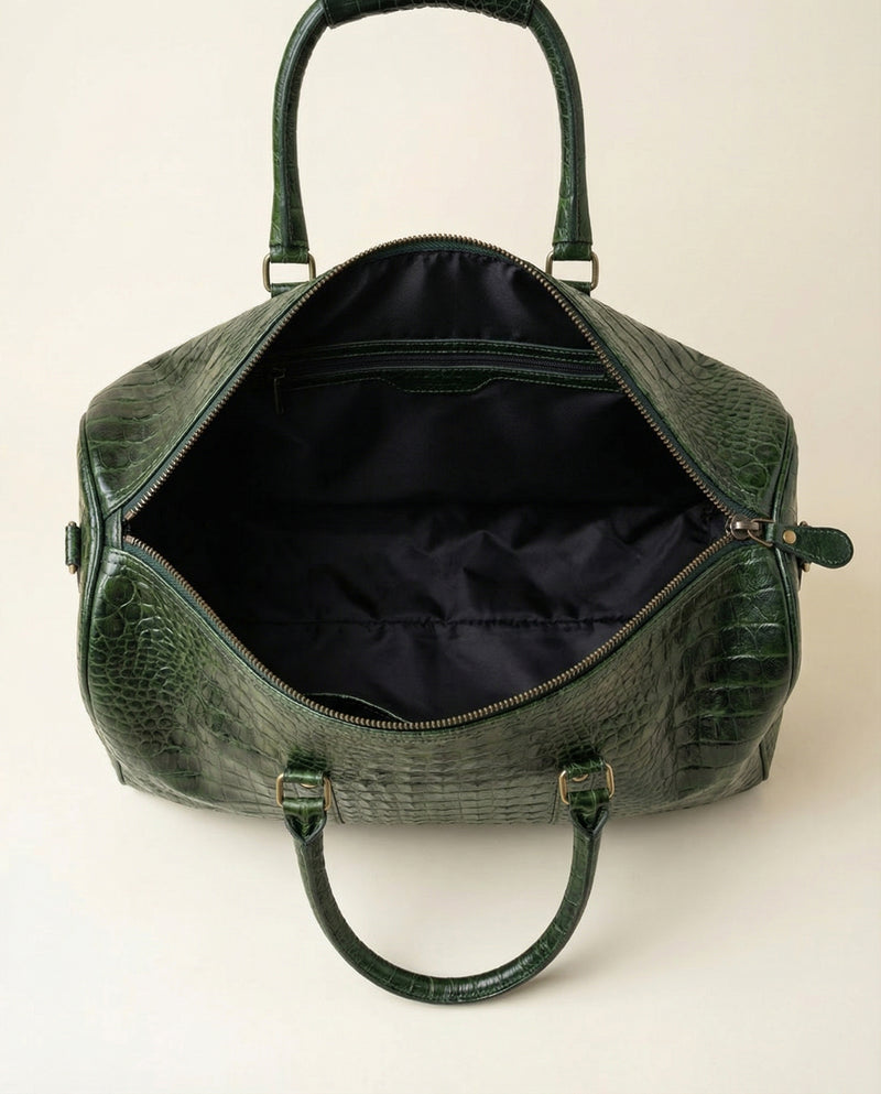Green crocodile leather duffle bag interior by Ya Qalbi