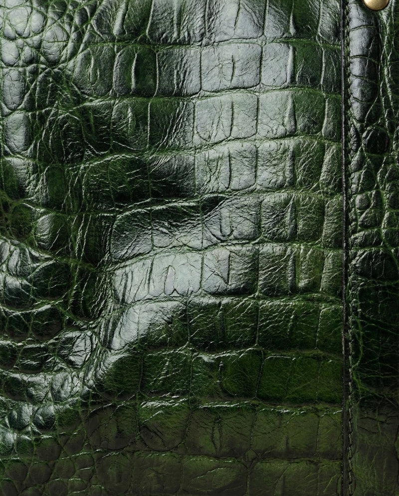 Green crocodile texture leather weekender detail by Ya Qalbi