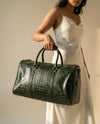 Green crocodile texture leather weekender bag by Ya Qalbi