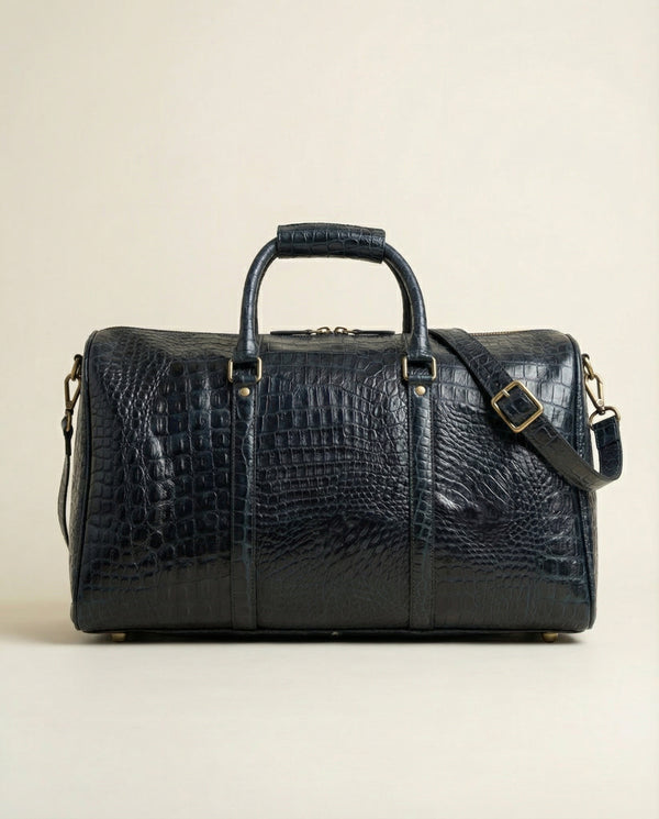Full-grain blue croc leather travel duffle by Ya Qalbi