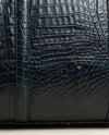 Designer blue leather weekender bag side view by Ya Qalbi