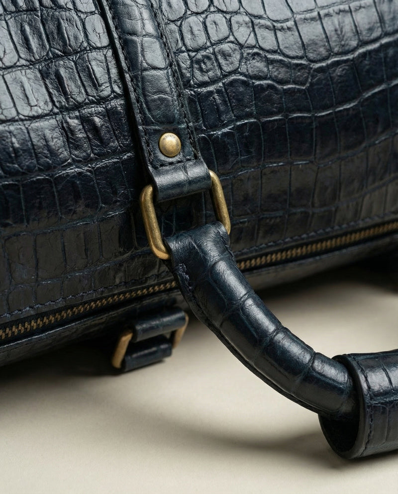 Blue crocodile leather travel duffle interior by Ya Qalbi