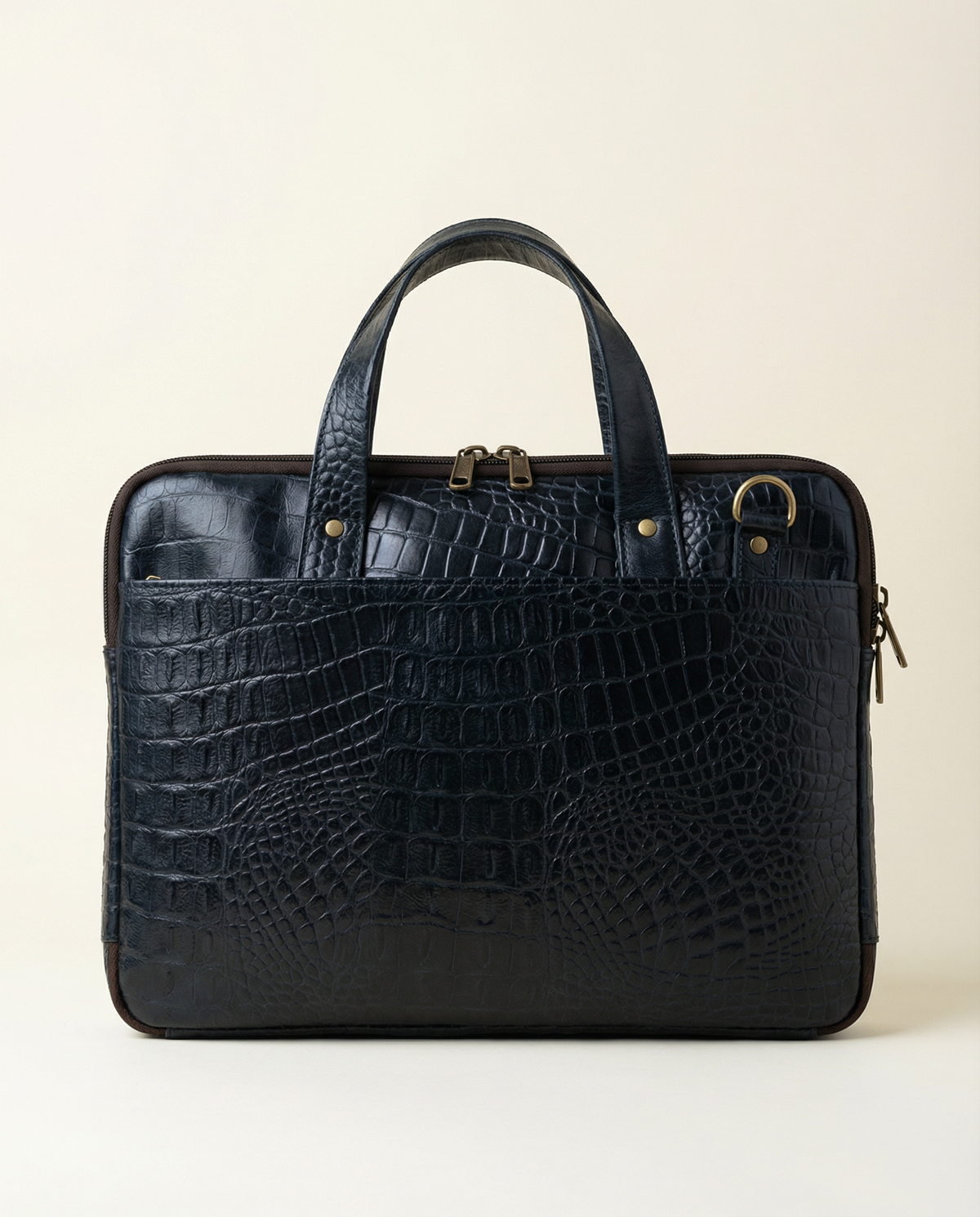 Navy blue croc leather laptop briefcase, front view