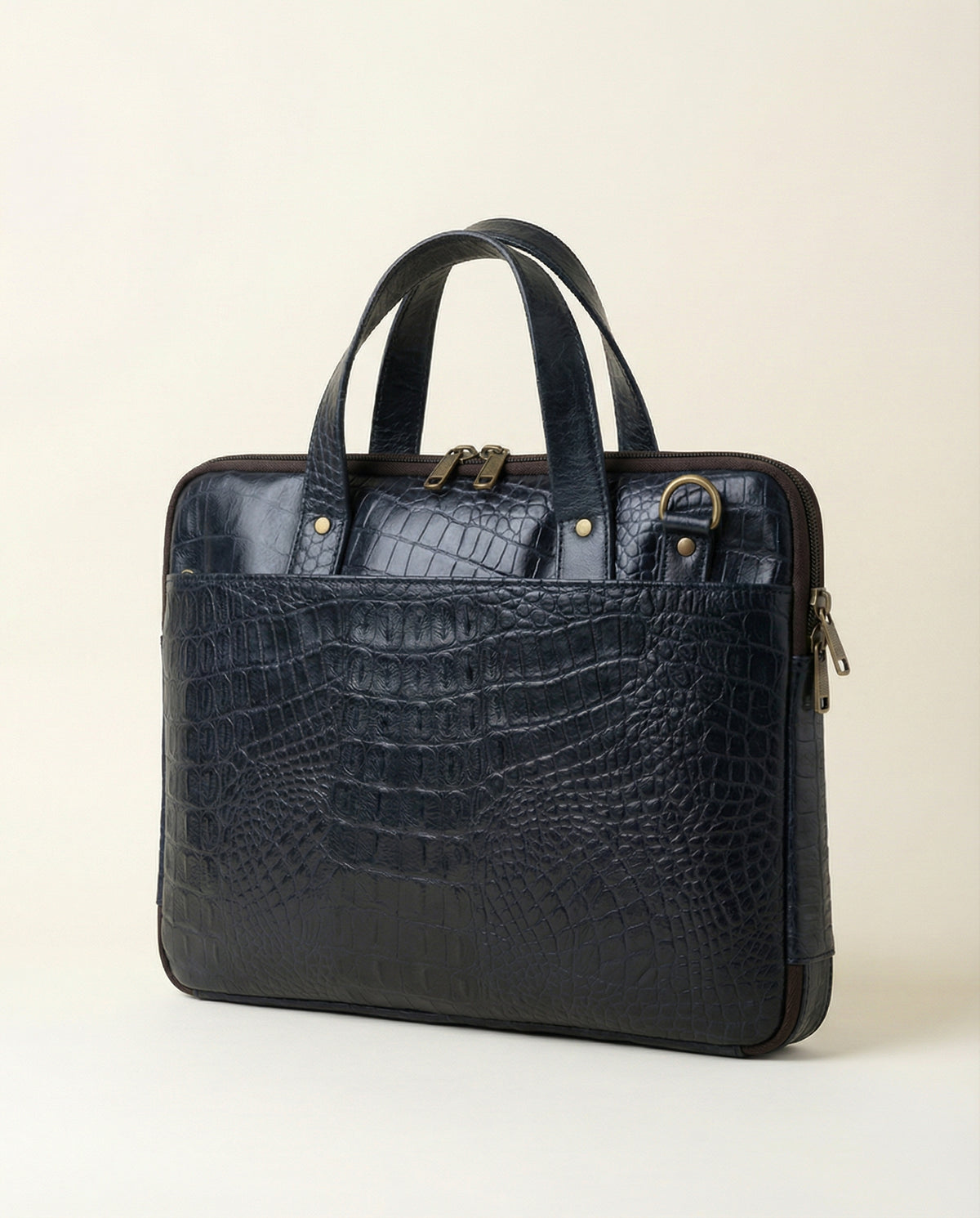 Navy blue croc leather laptop briefcase, angled view
