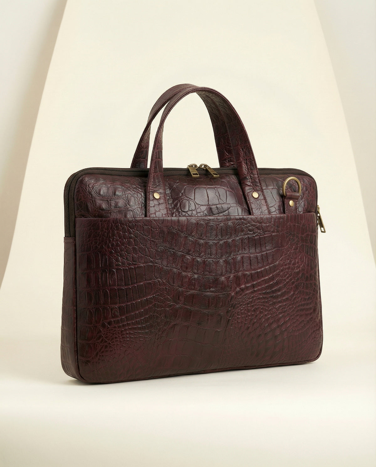 Oxblood croc leather laptop briefcase, angled view