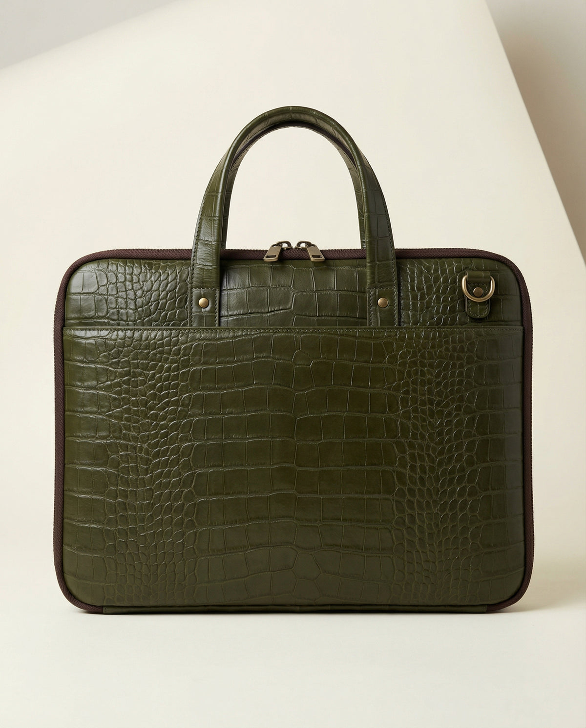 Olive green croc leather laptop briefcase, front view