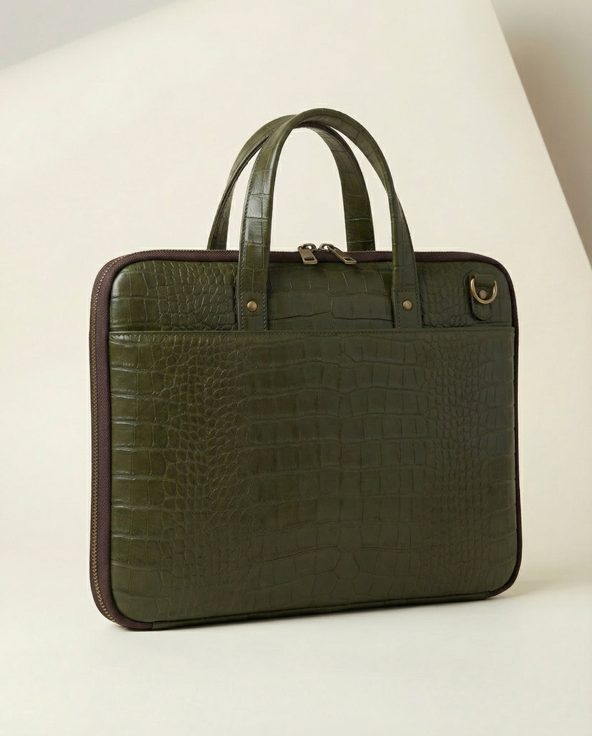 Olive green croc leather laptop briefcase, angled view