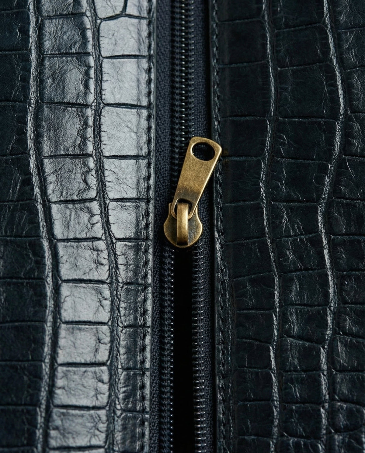 Close-up of zip on navy croc leather