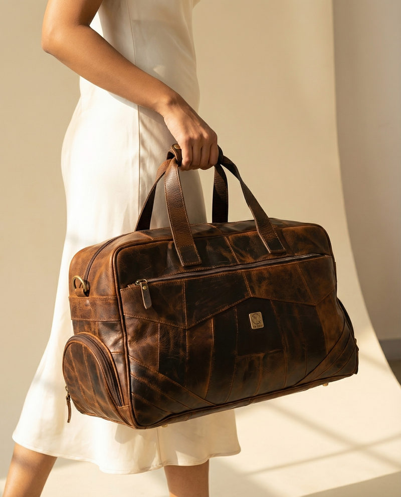 Genuine brown leather weekender bag with shoe pocket by Ya Qalbi