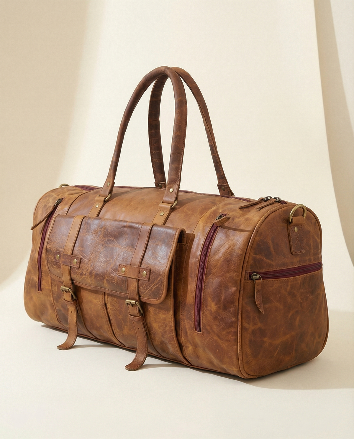 Premium genuine leather duffel bag side view by Ya Qalbi