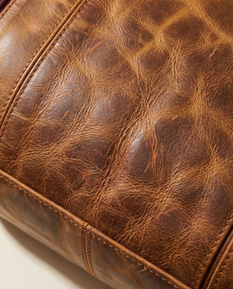 Leather weekender duffle interior compartment view by Ya Qalbi