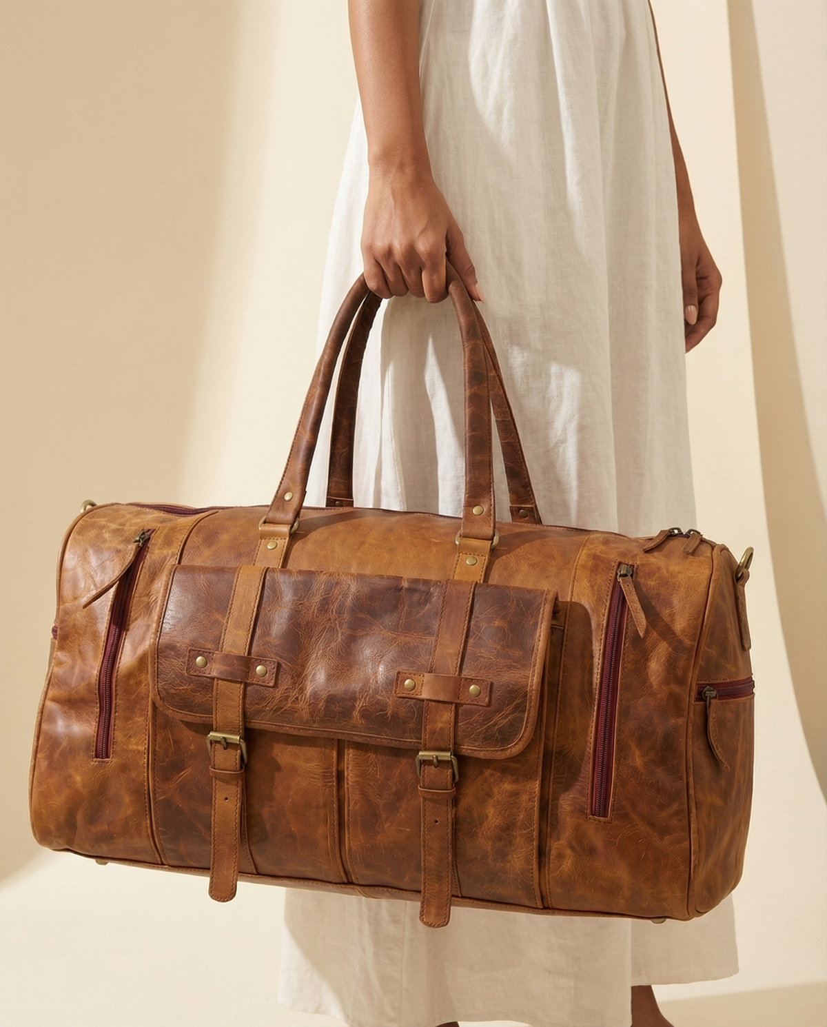 Large carry-on leather duffel bag for men and women by Ya Qalbi