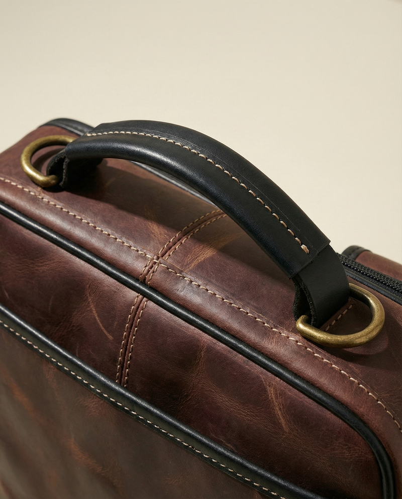 Brown leather work backpack 15-inch laptop compartment by Ya Qalbi